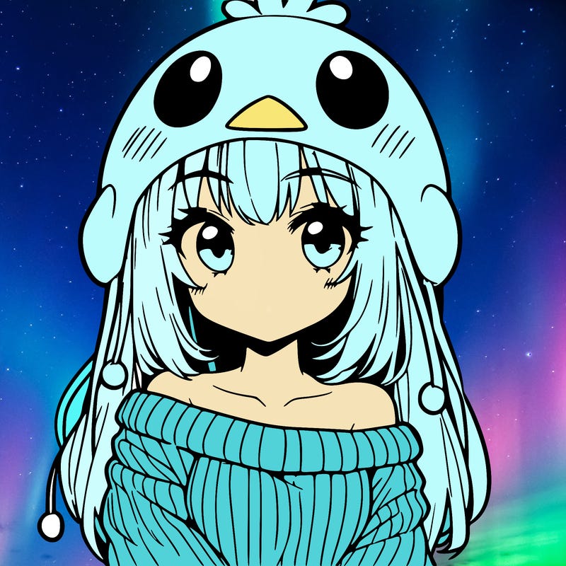 anime girl with chick shaped hat with sweater with bare shoulders with bangs covering them one eye with low tail