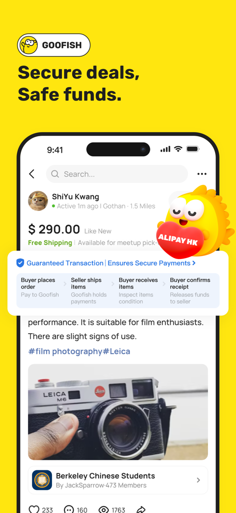 Screenshot of the Goofish app showcasing secure payment steps and a guaranteed transaction flow for a secondhand camera listing.