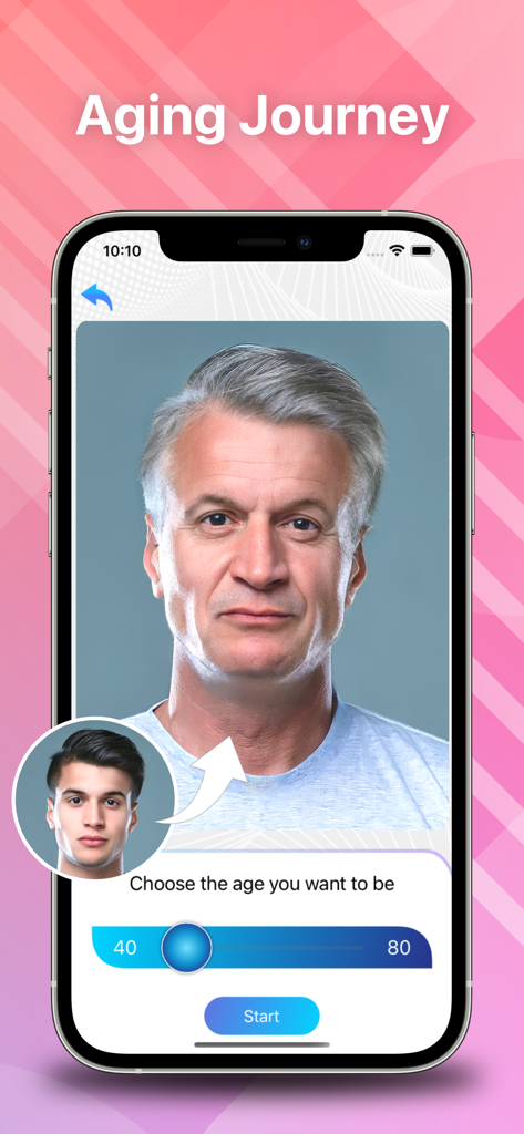 Interface de aplicação móvel mostrando a funcionalidade Jornada de Envelhecimento com um efeito de IA de envelhecimento no rosto de um homem e um controlo deslizante para escolher idades de 40 a 80 anos
