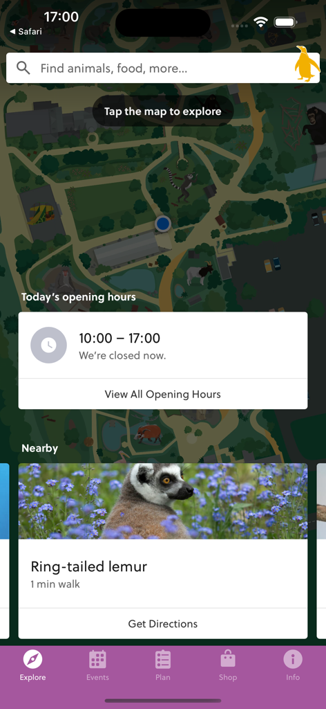 Edinburgh Zoo - Oberfläche der Edinburgh Zoo App, die die interaktive Parkkarte, Öffnungszeiten und eine Karte für das nahe gelegene Kattalagehege anzeigt
