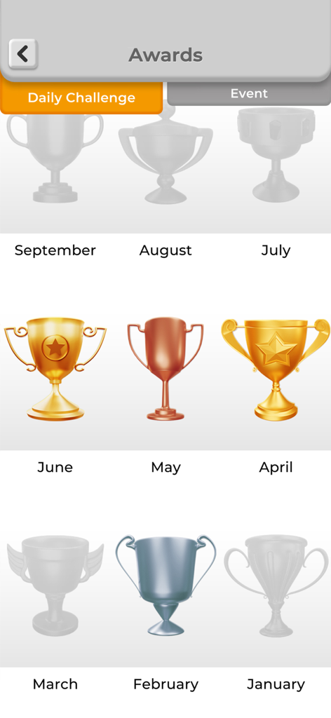 Minesweeper awards screen showing a collection of monthly trophies earned from daily challenges