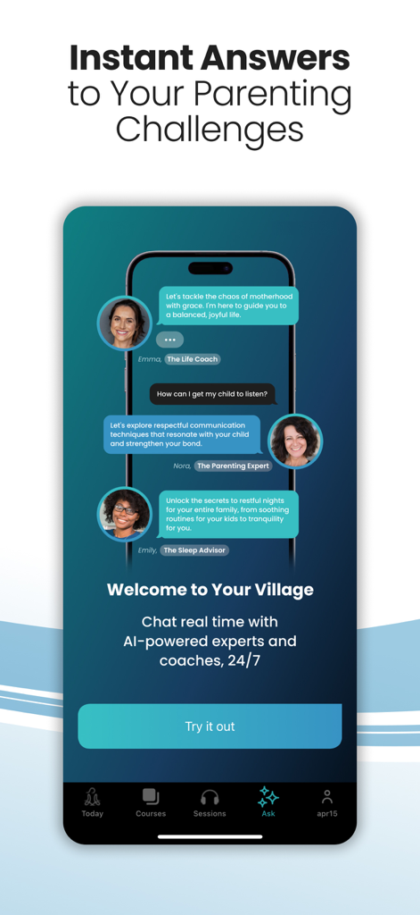 Captura de tela do aplicativo MamaZen mostrando chat em tempo real com especialistas em parentalidade e coaches de vida com tecnologia de IA.
