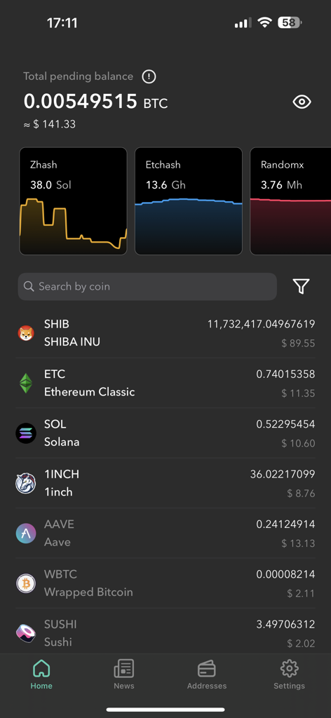 unMineable - unMineable app home screen displaying total crypto balance and mining algorithm hashrate graphs