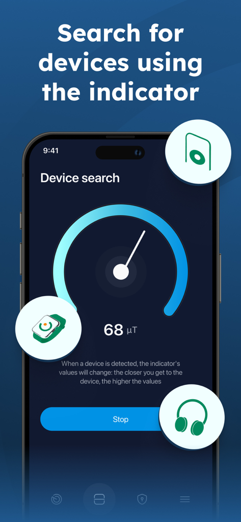 Interface of Anti-Hacker VPN Pro showing the signal indicator for searching nearby devices.