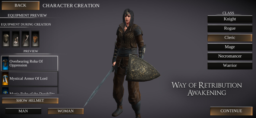 Way of Retribution: Awakening - Charaktererstellungsbildschirm in Way of Retribution Awakening, der eine weibliche Klerikerin mit Schwert und Schild zeigt