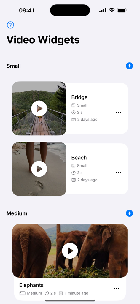 Oberfläche der Video Widget App, die kleine und mittelgroße Video-Widgets mit Strand- und Naturszenen zeigt