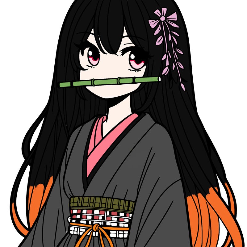 a girl with a bamboo on her mouth, long hair, long kimono, long sleeves, from japan
