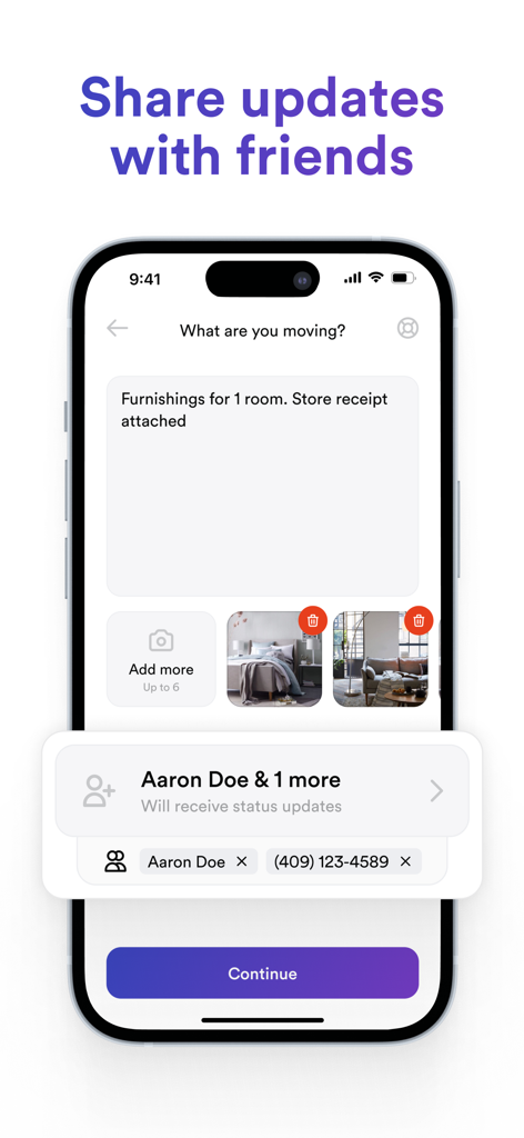Interface of the Lugg app showing a feature to share real-time moving status updates with friends and contacts.