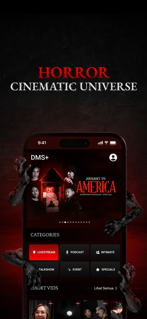 DMS Plus - The DMS Plus mobile app interface showing horror content categories and a cinematic banner featuring paranormal investigators.