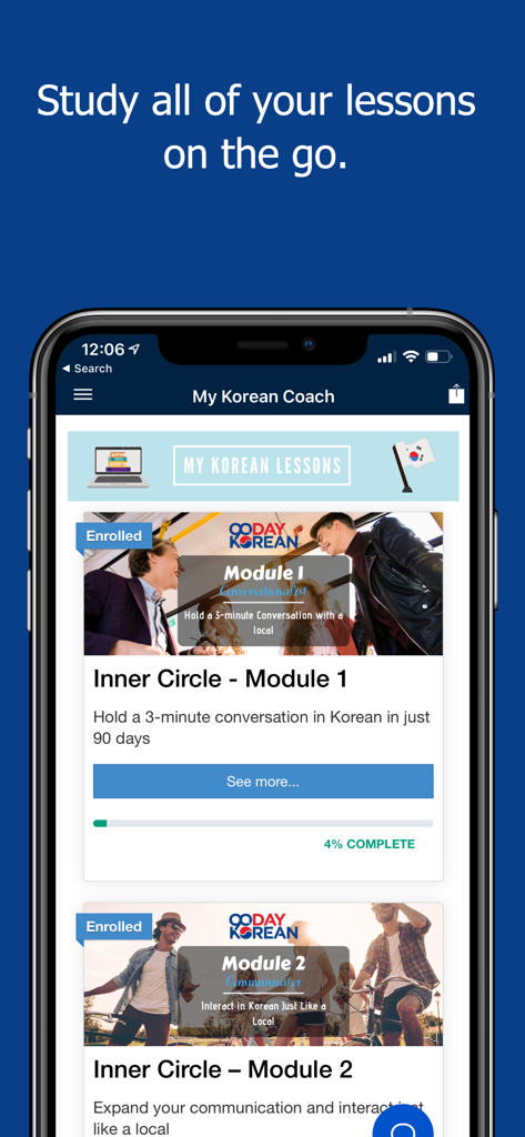 90 Day Korean - Screenshot of the 90 Day Korean app showing the Inner Circle course modules and progress tracking on a mobile device.