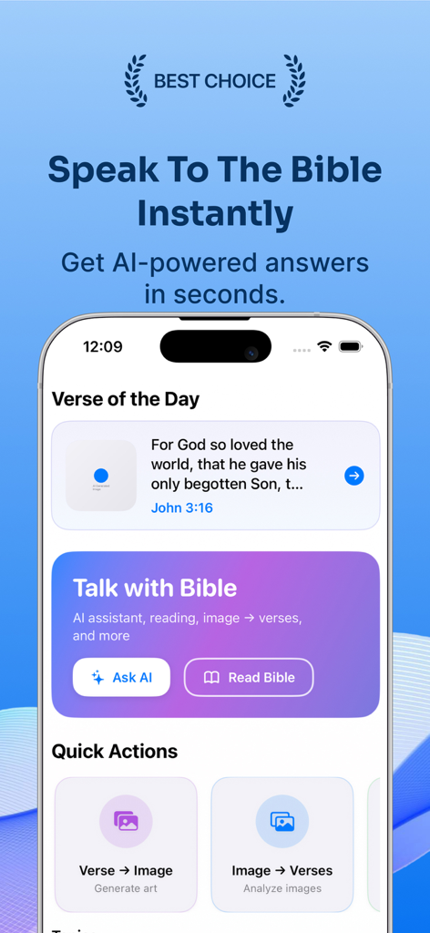 Bible Chat AI & Study Daily - A tela inicial do aplicativo Bíblia Chat AI com interação por voz e ferramentas de estudo diário de escrituras