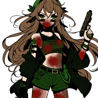 bad girl wearing crop top holding a gun long hair anime