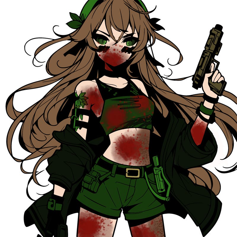 bad girl wearing crop top holding a gun long hair anime