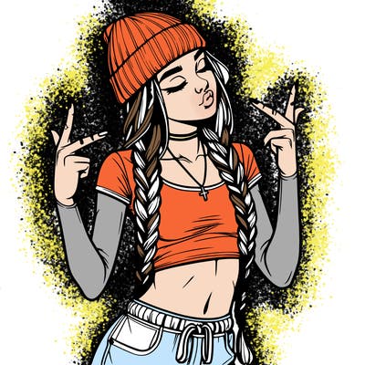realistic teenage girl with braids and a beanie and crop top doing 🫶🏼