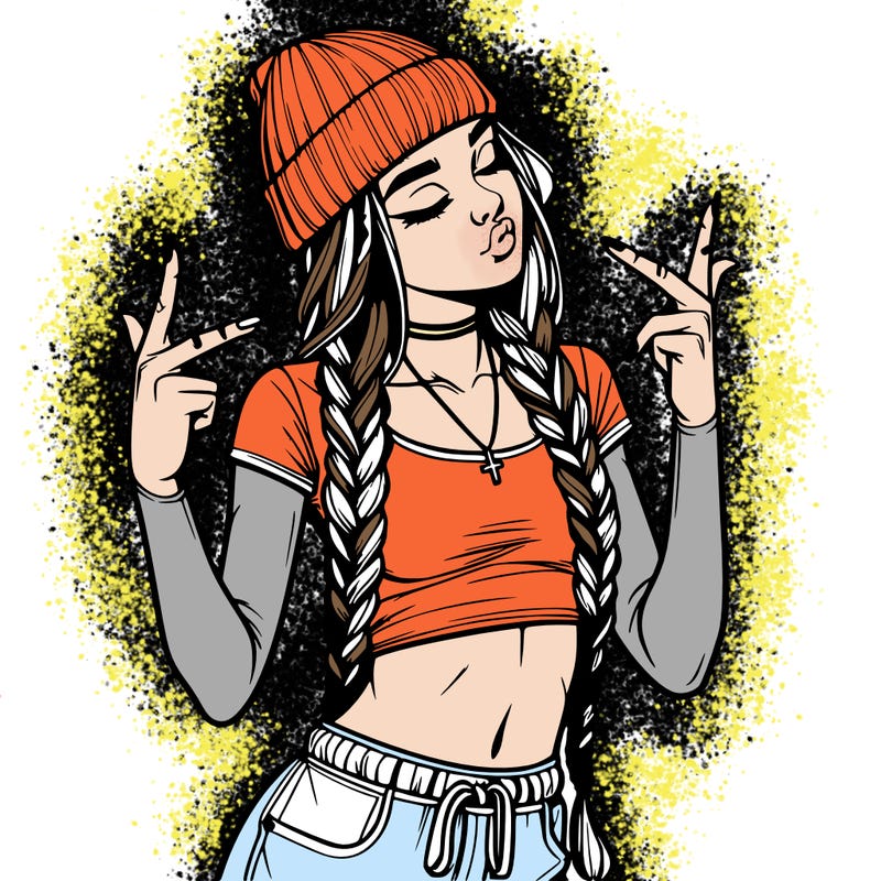 realistic teenage girl with braids and a beanie and crop top doing 🫶🏼