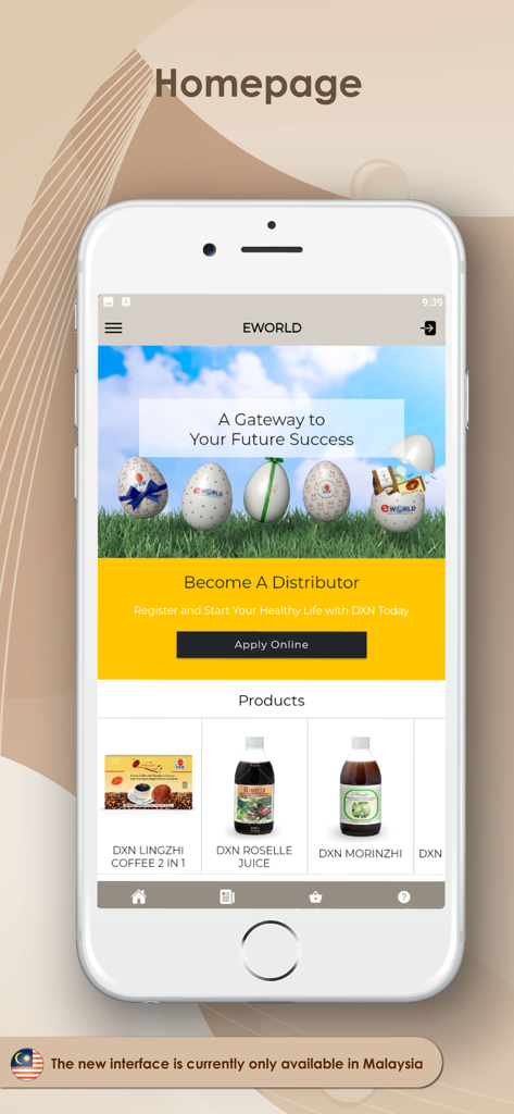 DXN App homepage showing the distributor recruitment banner and health products like Lingzhi Coffee and Roselle Juice