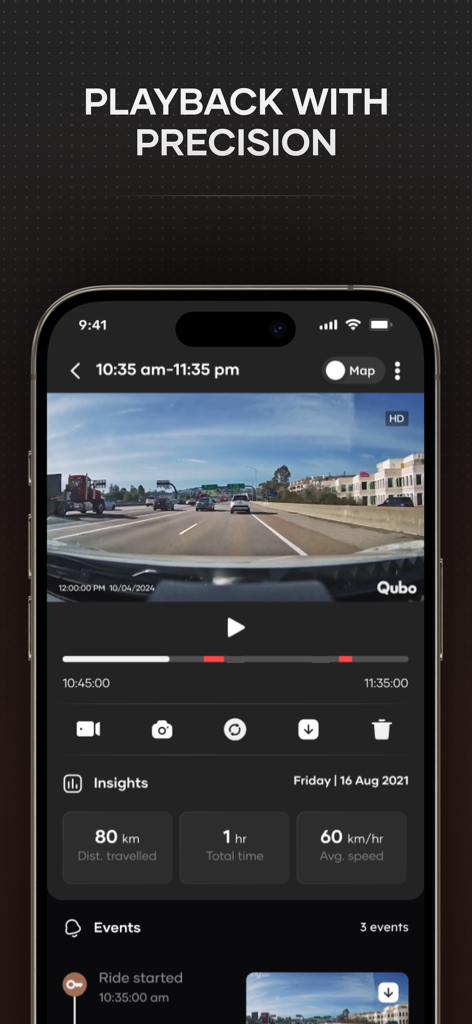 Qubo Pro - Écran de smartphone montrant l'interface de l'application Qubo Pro avec la lecture vidéo de la dashcam et des statistiques de conduite comme la vitesse et la distance.