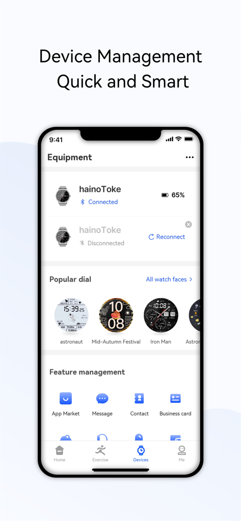 hainofit - Pantalla de gestión de dispositivos de smartphone mostrando la pantalla de gestión de dispositivos hainofit con un smartwatch conectado y varios diseños de esferas de reloj