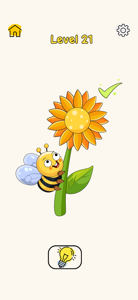 Cartoon bee next to a sunflower in level twenty-one of a drawing puzzle game