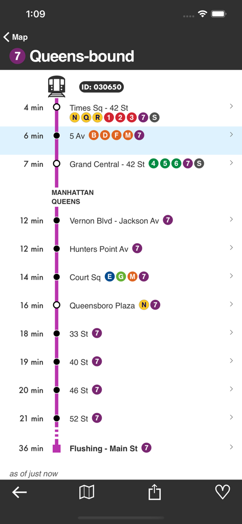 Underway: NYC Subway Transit - Underway app interface showing real time 7 train arrival times and station list for Queens bound service