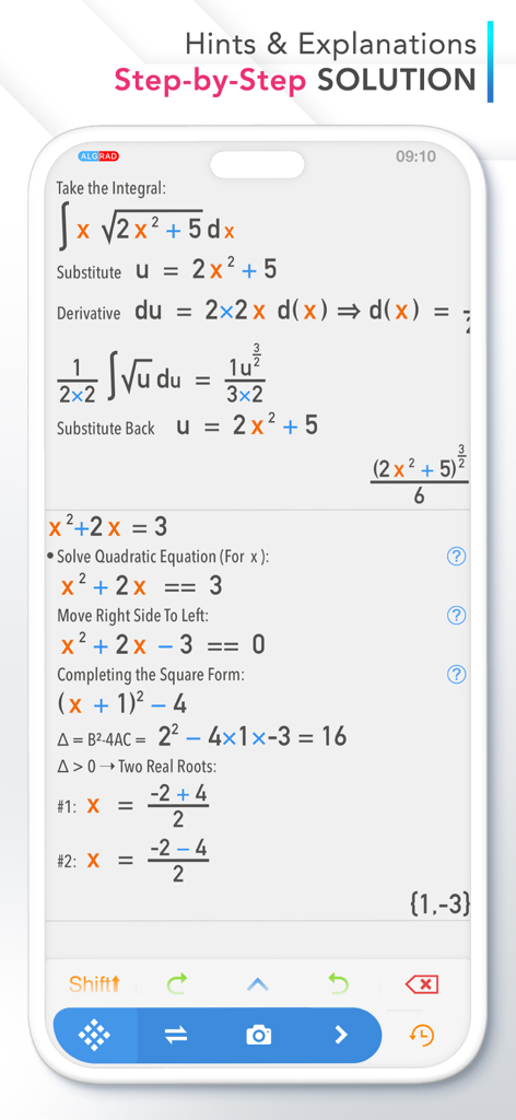 Calculator ∞ - La aplicación Calculadora Infinity muestra una solución detallada paso a paso para ecuaciones integrales y cuadráticas