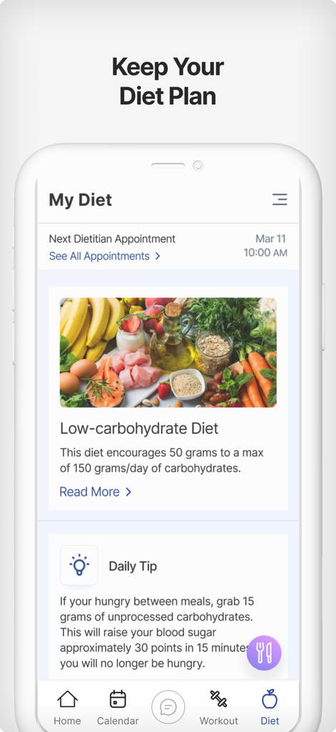 Brain & Performance Centre - Interface of the Brain and Performance Centre app showing a personalized low carbohydrate diet plan and dietitian appointment schedule