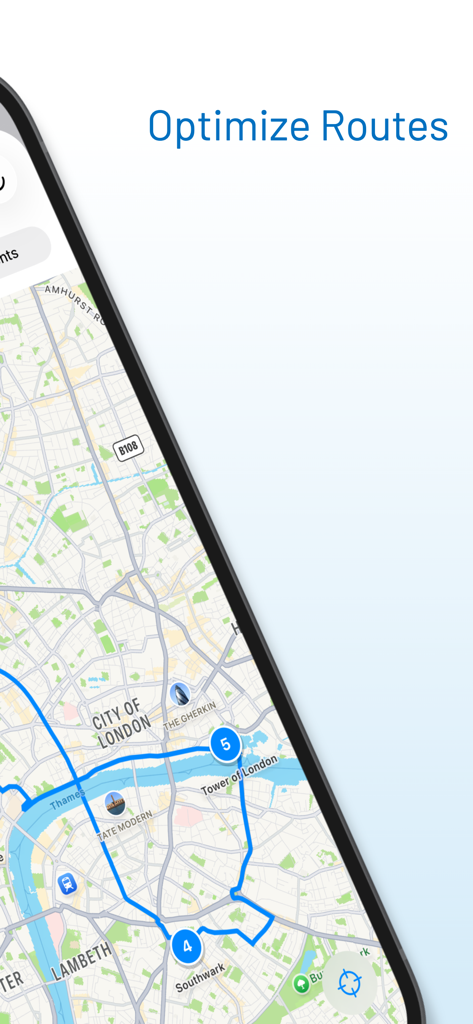 RouteGO - Route Planner - A smartphone screen displaying the RouteGO app with an optimized blue travel route and numbered stops on a map of London.
