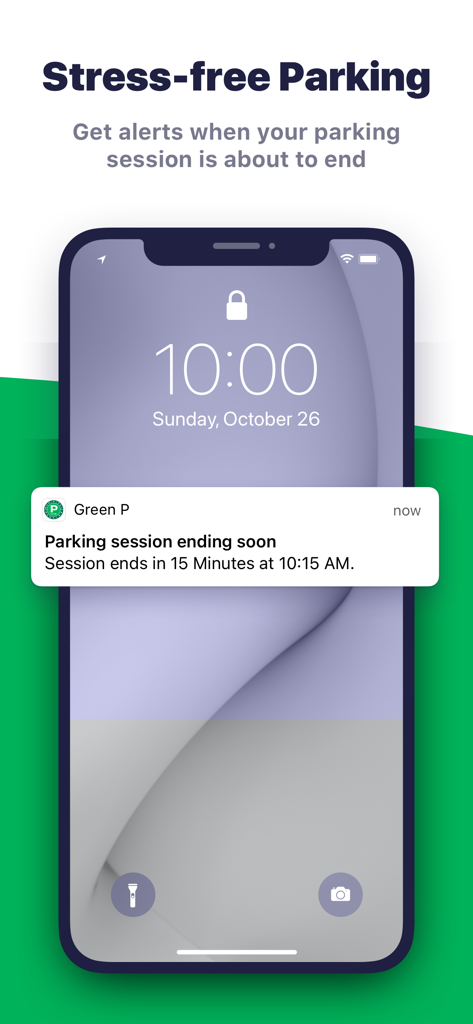 Green P - Green P app push notification on a smartphone lock screen alerting that a parking session is ending soon