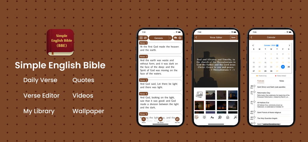 Interface of the Simple English Bible app displaying scripture reading, verse editing tools, and a liturgical calendar.