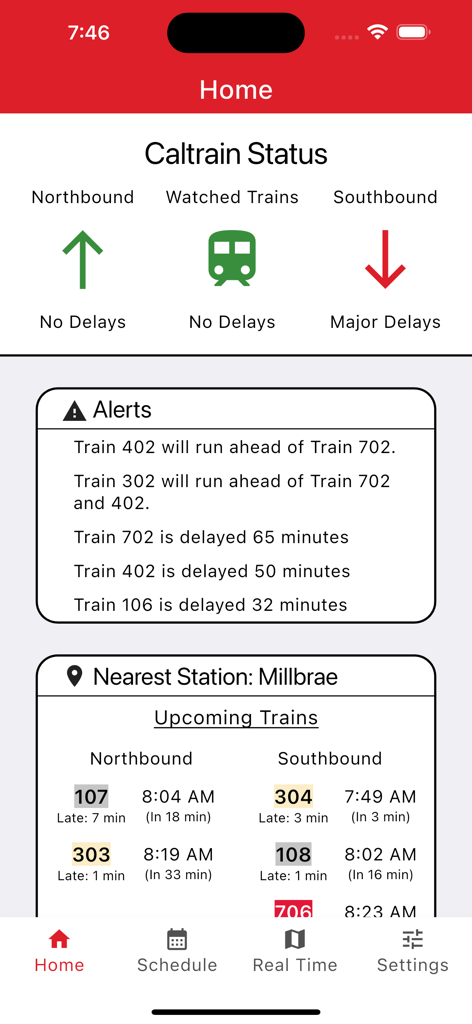 Caltrain Commuter - Caltrain Commuter app dashboard showing real-time train status and delay alerts.