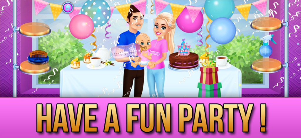 Cartoon family celebrating with a baby at a party with balloons and cake