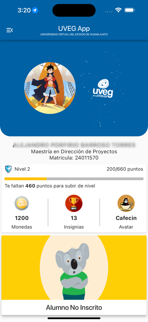 Student profile dashboard in the Campus Virtual UVEG app showing academic progress, coins, and badges.