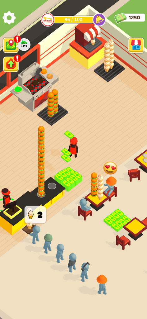 Vista de arriba hacia abajo de un restaurante ocupado en el juego móvil Pizza Ready con personal sirviendo a los clientes