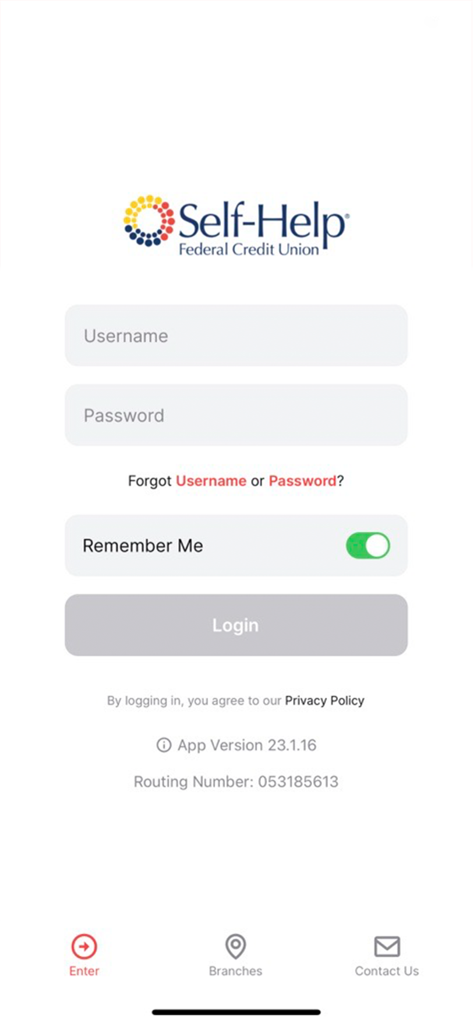Login screen for the Self-Help Federal Credit Union mobile banking app featuring username and password fields