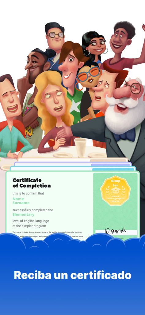 Simpler: English learning app - Un certificat d'achèvement pour un cours d'anglais élémentaire sur l'application Simpler