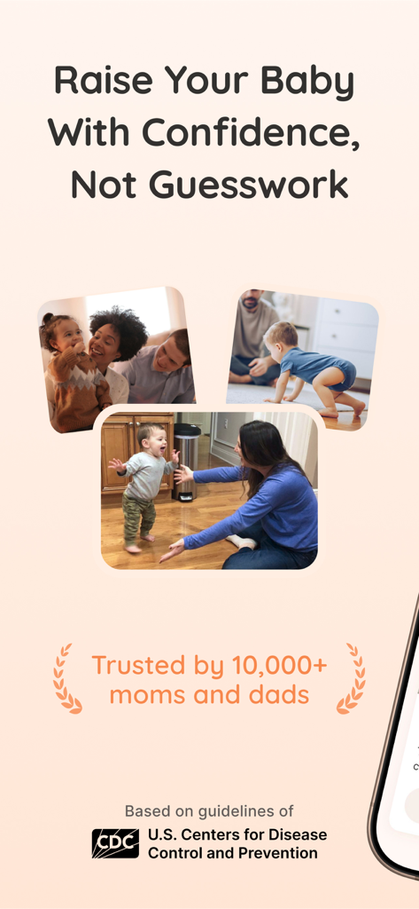 Promotional screen for Coozy app showing diverse families and a baby reaching developmental milestones with a CDC trust badge.