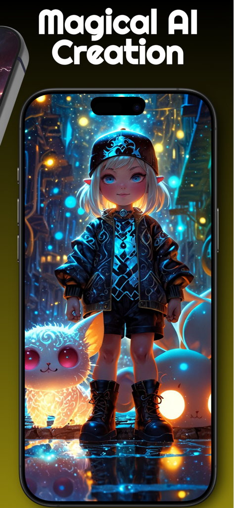 Vidnoz AI Image Generator - Una imagen mágica generada por IA de una chica estilizada con mascotas brillantes en una ciudad futurista en la pantalla de un smartphone