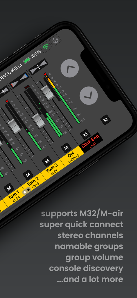 MXBus monitor mixing app interface on an iPhone displaying faders for drum channels and a list of supported features like M32 support and stereo channels.