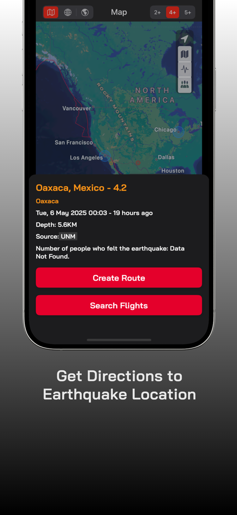 Fault Line - Earthquakes - Fault Line app interface showing earthquake details for Oaxaca Mexico with options to create a route and search flights on a map.