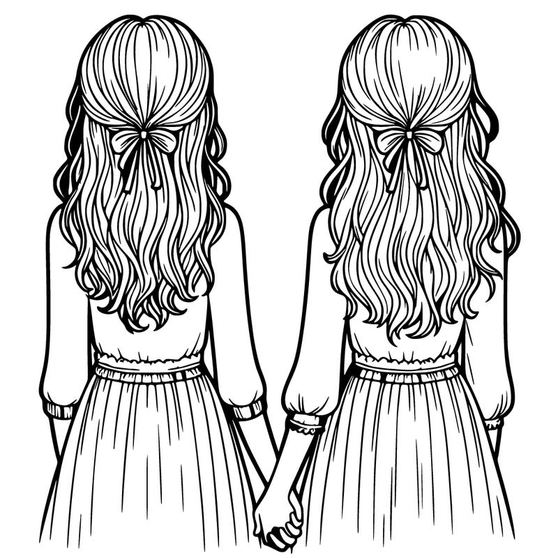 two realistic looking girls standing with backs facing the paper and they are holding hands