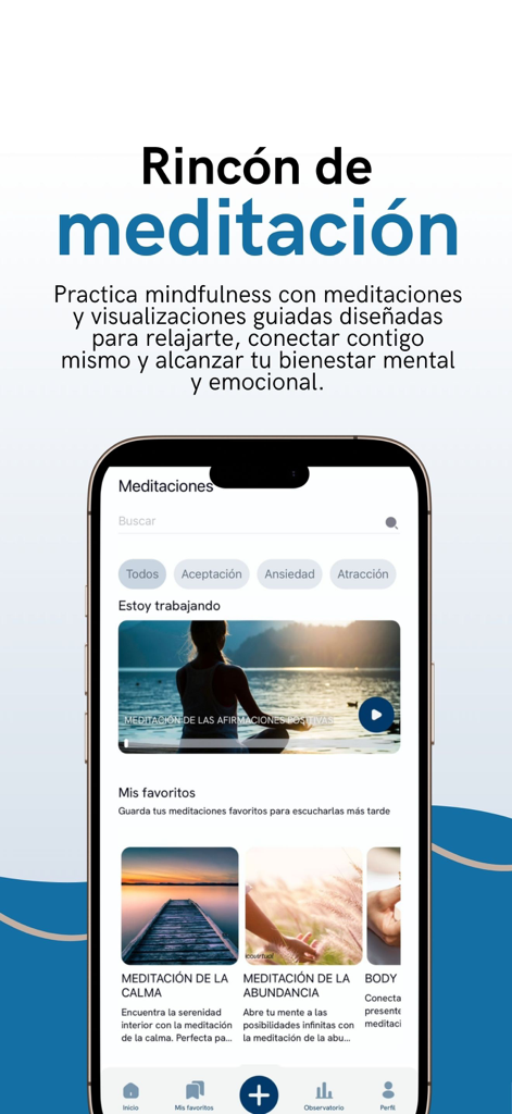 Psicovirtual - Psicovirtualアプリのインターフェース、スペイン語でのガイド付き瞑想とマインドフルネスセッションを表示