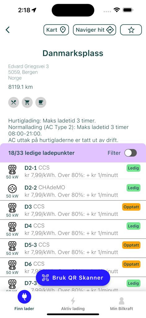 Bilkraft app interface showing EV charging station availability and pricing at a specific location