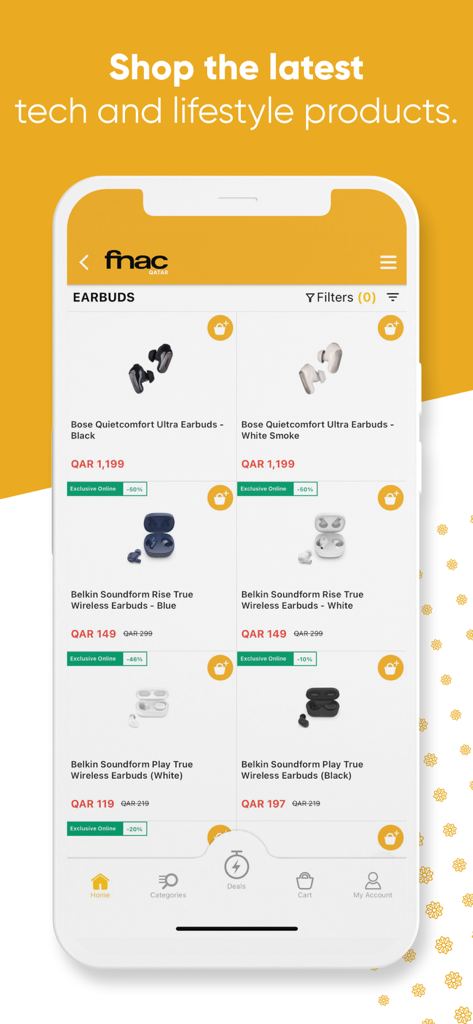 Fnac Qatar - Interface do aplicativo Fnac Qatar mostrando uma seleção de fones de ouvido com preços e descontos.