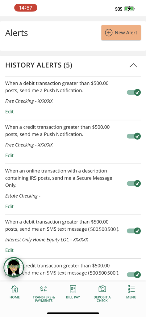 Einstellungsbildschirm für Benachrichtigungen der FMFCU Mobile App mit verschiedenen Einstellungen für Transaktionsbenachrichtigungen mit Umschaltern.