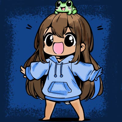 a excited chibi girl whith long hair and a baggy shirt whith a frog on there head