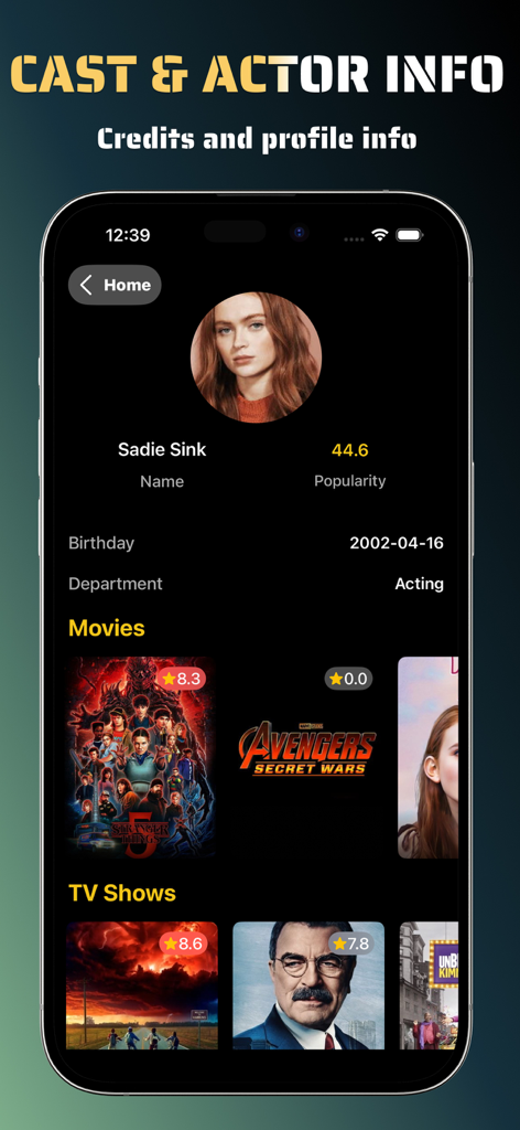 MovieBoxアプリのキャストと俳優情報画面、セイディ・シンクのプロフィールとクレジットを表示