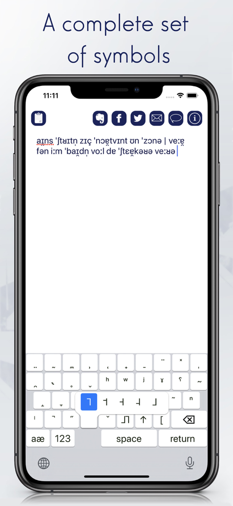 Pantalla de teléfono móvil que muestra el teclado IPA con símbolos fonéticos