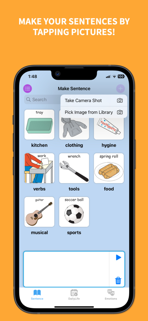 Help me talk - Speech Therapy - Interface of the Help me talk speech therapy app showing icons for different categories to help children create sentences