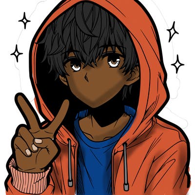 teenage manga boy in a hoodie, doing ✌