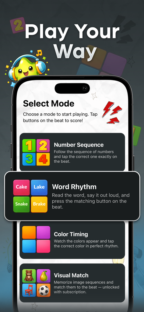 Say the Word on Beat Game - Say the Word on Beat Game menu showing different rhythm game modes like numbers words and colors